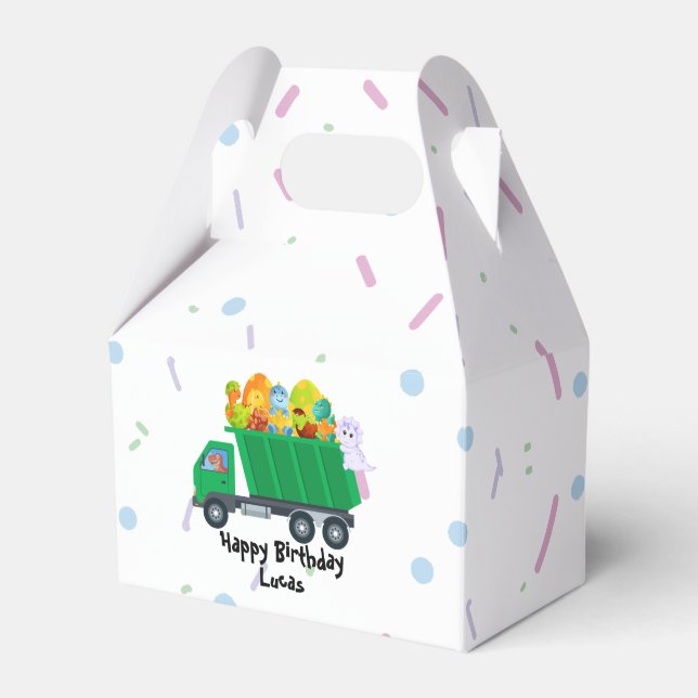 Cute baby dinosaur egg garbage truck Birthday Part Favour Box (Front Side)