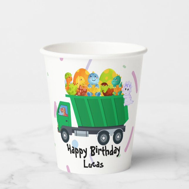 Cute baby dinosaur egg garbage truck Birthday Part Paper Cups (Front)