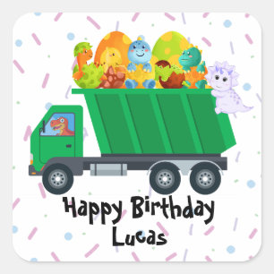 Cute baby dinosaur egg garbage truck Birthday Part Square Sticker