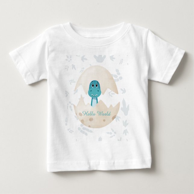 Cute Baby Dinosaur Hatching Hello World T-Shirt (Front)