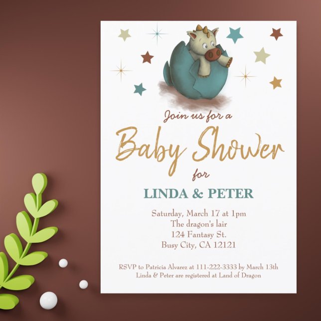 Cute Baby Dinosaur Hatching Neutral Baby Shower Invitation (Cute gender neutral dragon baby shower invitation)