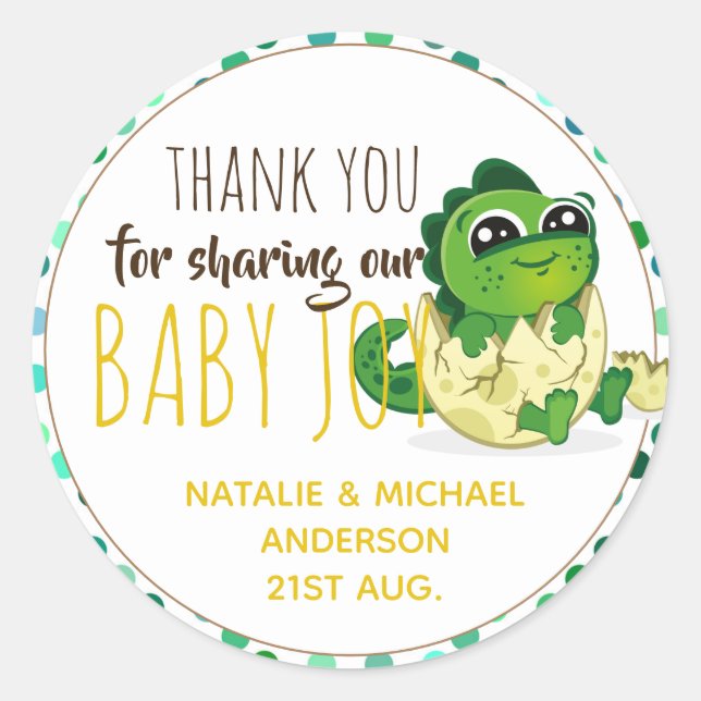 Cute Baby Dinosaur Hatchling Egg Boy Girl Shower Classic Round Sticker (Front)