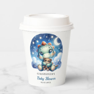 Cute baby dinosaur hugging bear in starry night paper cups