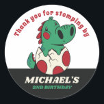 Cute Baby Dinosaur in Egg Kids Birthday Party Classic Round Sticker<br><div class="desc">Cute party favours for kids,  boys or girls who love dinosaurs and t-rex. Perfect for kids birthday party,  party favours and thank you label. You can also customise the text for baby shower or other occasion and party.</div>