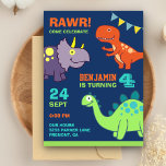 Cute Baby Dinosaur Kids Birthday Party Invitation Postcard<br><div class="desc">Amaze your guests with this cool birthday party invitation featuring bright colourful dinosaurs with vibrant typography against a blue background. Simply add your event details on this easy-to-use template to make it a one-of-a-kind invitation.</div>