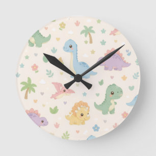 Cute Baby Dinosaur Pastel Seamless Pattern for Kid Round Clock