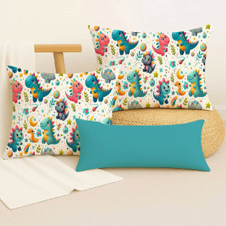 Cute Baby Dinosaur Teal Colourful Dino Throw Pillo Cushion
