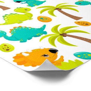 Cute Baby Dinosaur Triceratops Dino Eggs Palm Tree Poster
