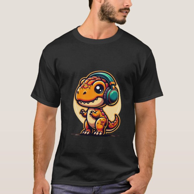 Cute baby dinosaur wearing headphones T-Shirt (Front)