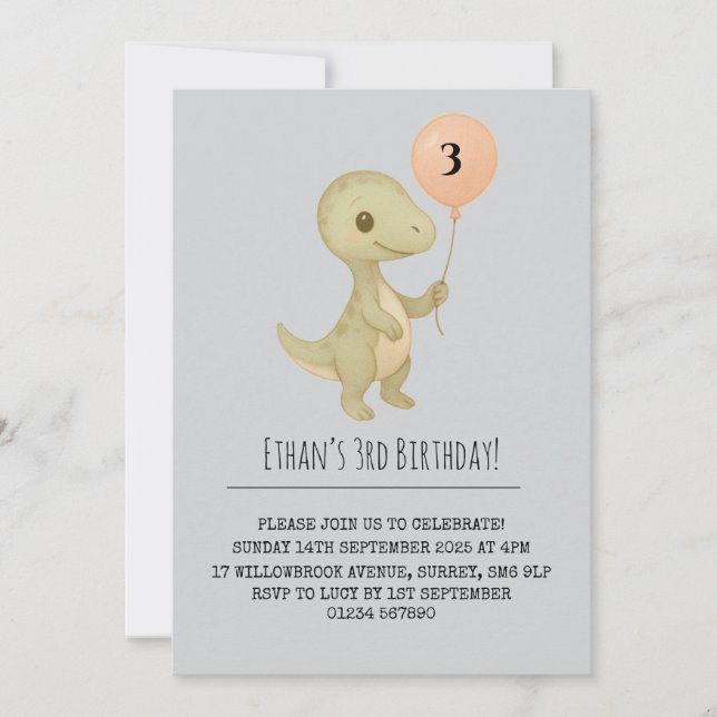 Cute Baby Dinosaur with Balloon Birthday  Invitation (Front)