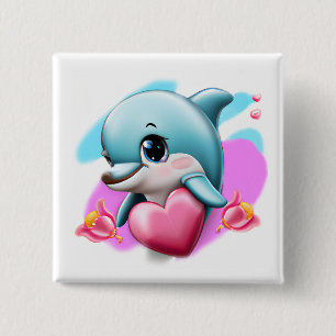 Cute Baby Dolphin with Valentine's Heart 15 Cm Square Badge