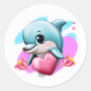 Cute Baby Dolphin with Valentine's Heart  Classic Round Sticker