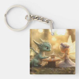 Cute Baby Dragon and Fairy Enjoying Tea Key Ring