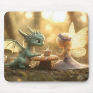 Cute Baby Dragon and Fairy Enjoying Tea  Mouse Pad