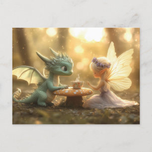 Cute Baby Dragon and Fairy Enjoying Tea  Postcard