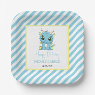 Cute Baby Dragon Blue Stripes Birthday Paper Plate