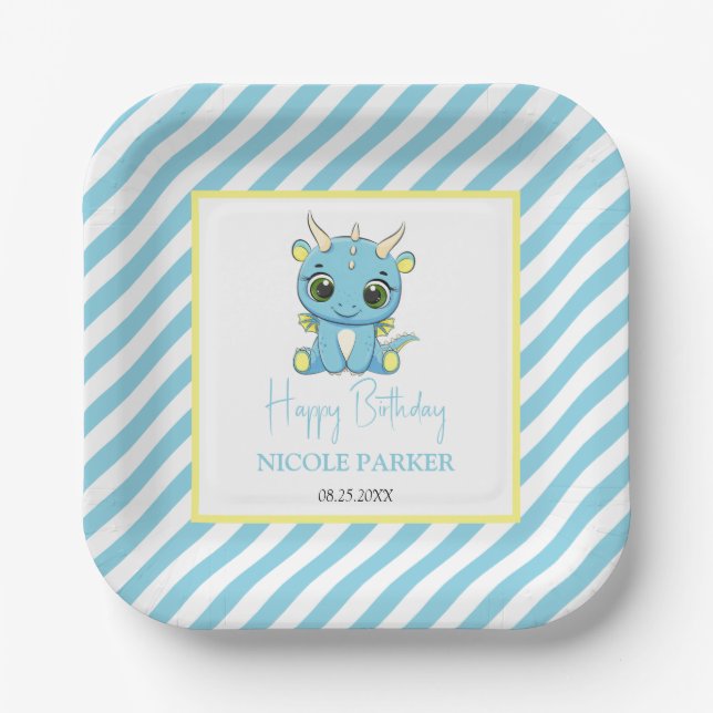 Cute Baby Dragon Blue Stripes Birthday Paper Plate (Front)