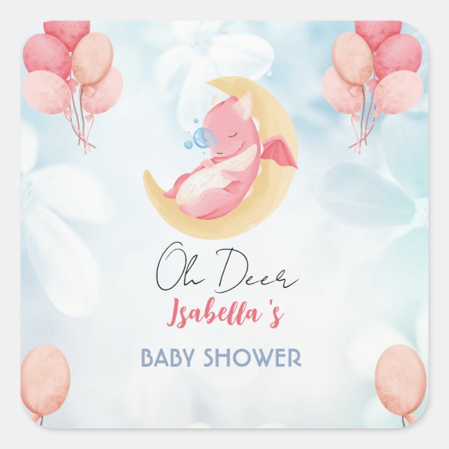 Cute baby dragon dinosaur Balloon baby shower Square Sticker (Front)