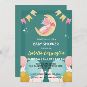 Cute baby dragon dinosaur balloon girl baby shower invitation