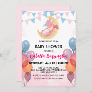 Cute baby dragon dinosaur balloon girl baby shower invitation