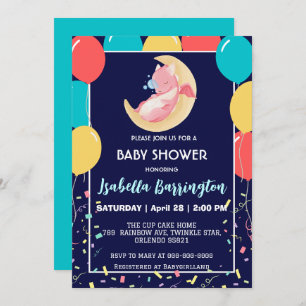 Cute baby dragon dinosaur balloon girl baby shower invitation