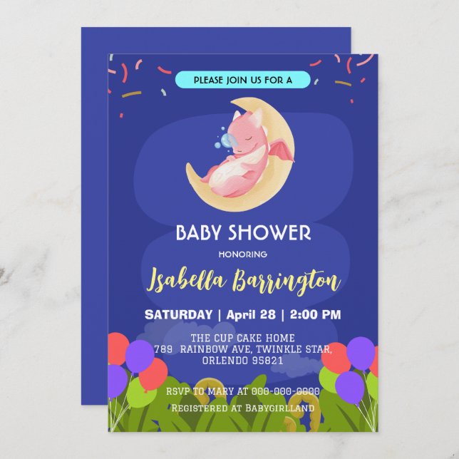 Cute baby dragon dinosaur balloon girl baby shower invitation (Front/Back)