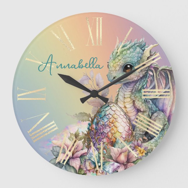 Cute Baby Dragon Egg on Rainbow Large Clock (Front)