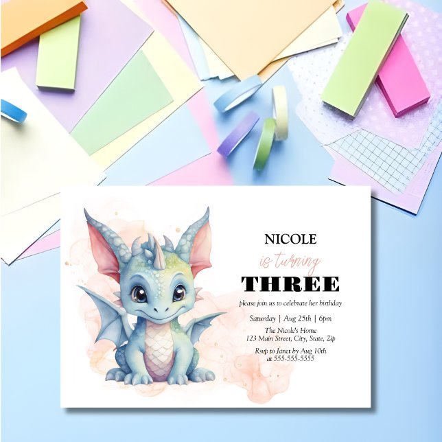 Cute Baby Dragon Fairytale Kid Birthday Invitation (Creator Uploaded)