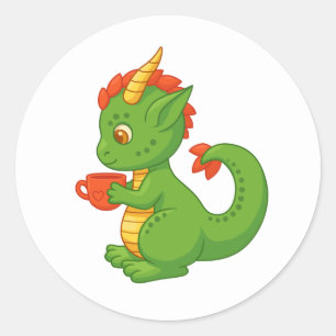 Cute Baby Dragon Holding Cup Classic Round Sticker