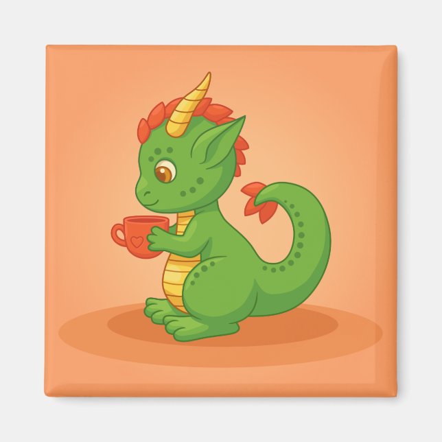 Cute Baby Dragon Holding Cup on Orange Magnet (Front)