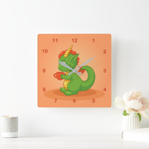 Cute Baby Dragon Holding Cup on Orange Square Wall Clock