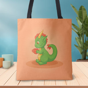 Cute Baby Dragon Holding Cup on Orange Tote Bag