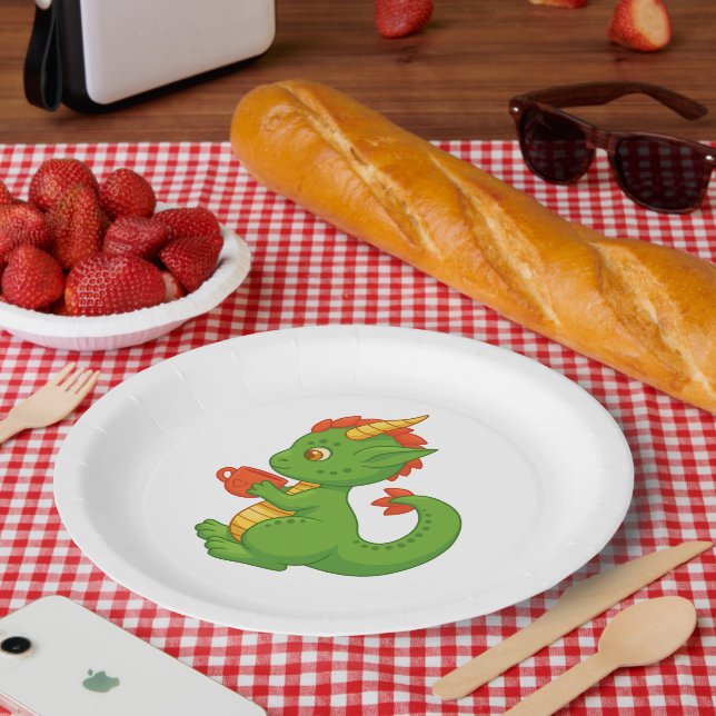 Cute Baby Dragon Holding Cup Paper Plate (Picnic)