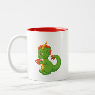 Cute Baby Dragon Holding Cup Two-Tone Mug