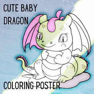 Cute Baby Dragon Large Colouring Page Poster