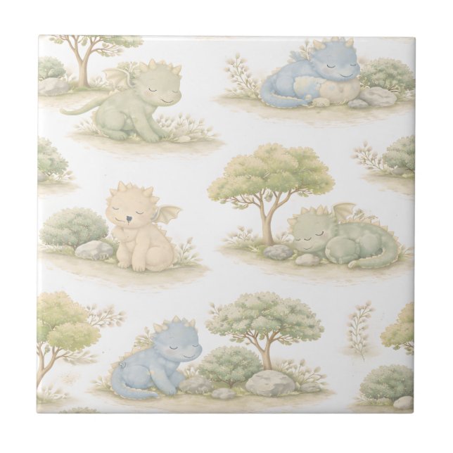 Cute Baby Dragon Pastel Woodland Pattern (1) Tile (Front)