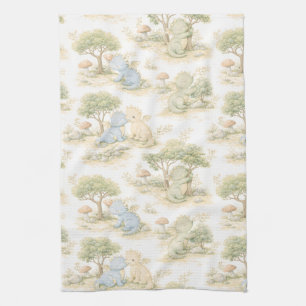 Cute Baby Dragon Pastel Woodland Pattern (2) Tea Towel
