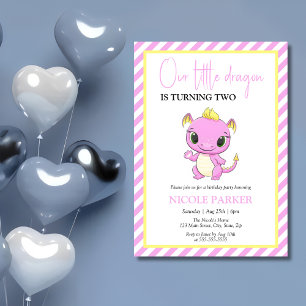 Cute Baby Dragon Pink Stripes Birthday Invitation