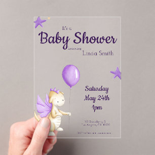 Cute Baby Dragon Purple Girl Baby Shower Acrylic Invitations