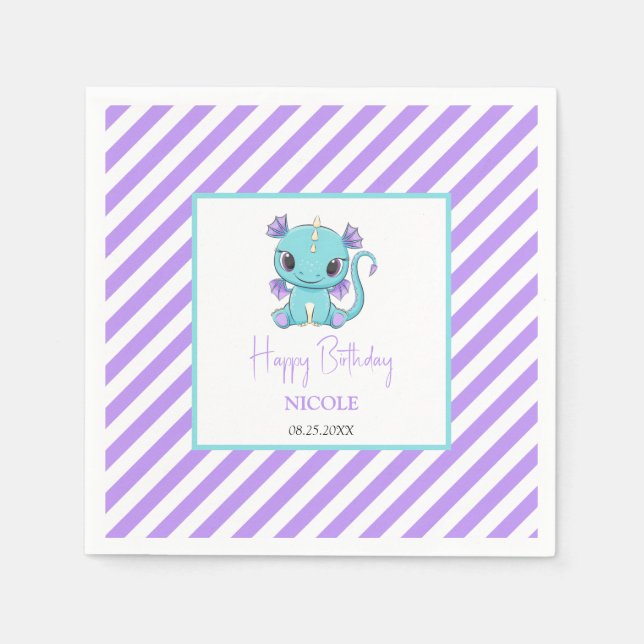 Cute Baby Dragon Purple Stripes Birthday Napkin (Front)
