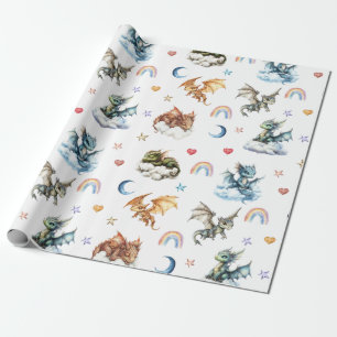 Cute Baby Dragon Watercolor Clouds Night Wrapping Paper