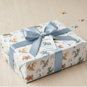 Cute Baby Dragon Watercolor Clouds Night Wrapping Paper