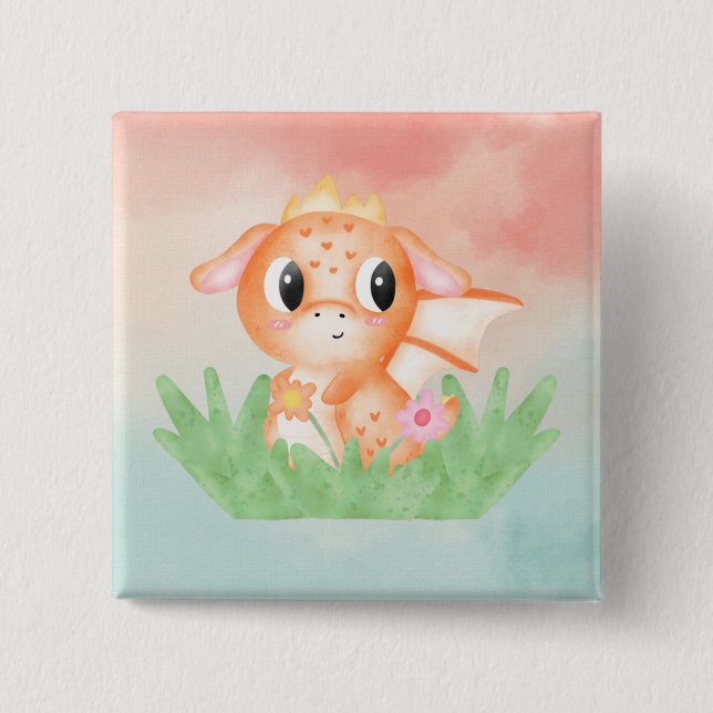 Cute Baby Dragon Watercolour Badge (Front)