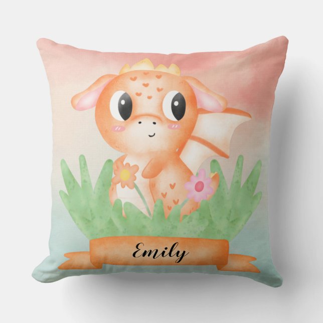 Cute Baby Dragon Watercolour Cushion (Front)