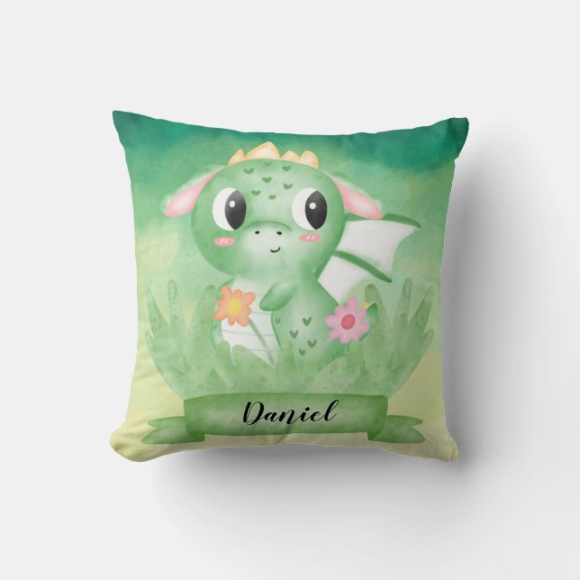 Cute Baby Dragon Watercolour Cushion (Front)