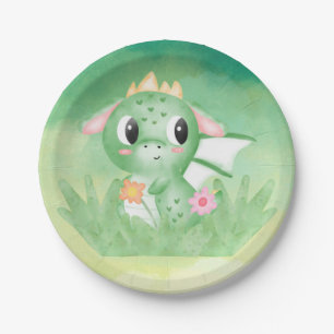 Cute Baby Dragon Watercolour Paper Plate