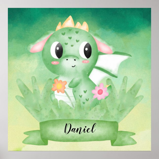 Cute Baby Dragon Watercolour Poster (Front)