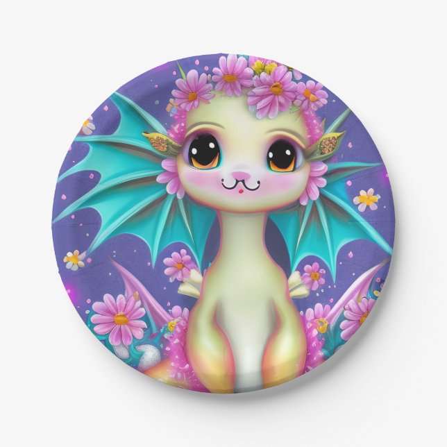 Cute Baby Dragon with Pink Flowers Fleece Blanket Paper Plate (Front)