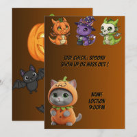 Cute Baby Dragons Pumpkin Cat Halloween Invitation