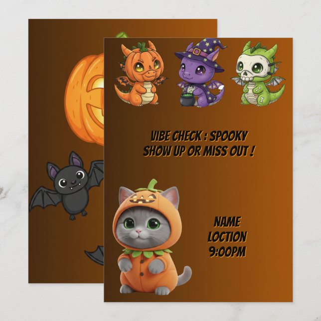 Cute Baby Dragons Pumpkin Cat Halloween Invitation (Front/Back)